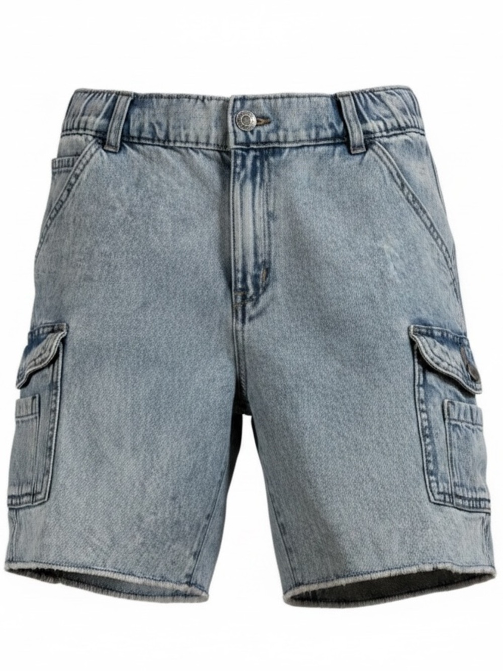 SO Women's S Denim High Raise Cargo Shorts Light Wash Utility Raw Hem 90s Y2K